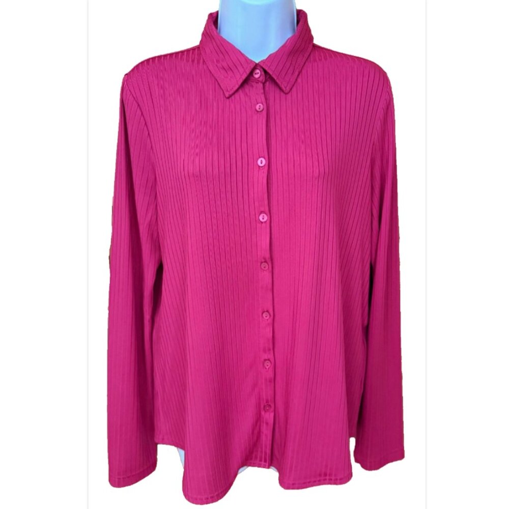 Modern Works Fuschia Pink Women's M Button Up Shirt Ribbed Office Work Preppy
